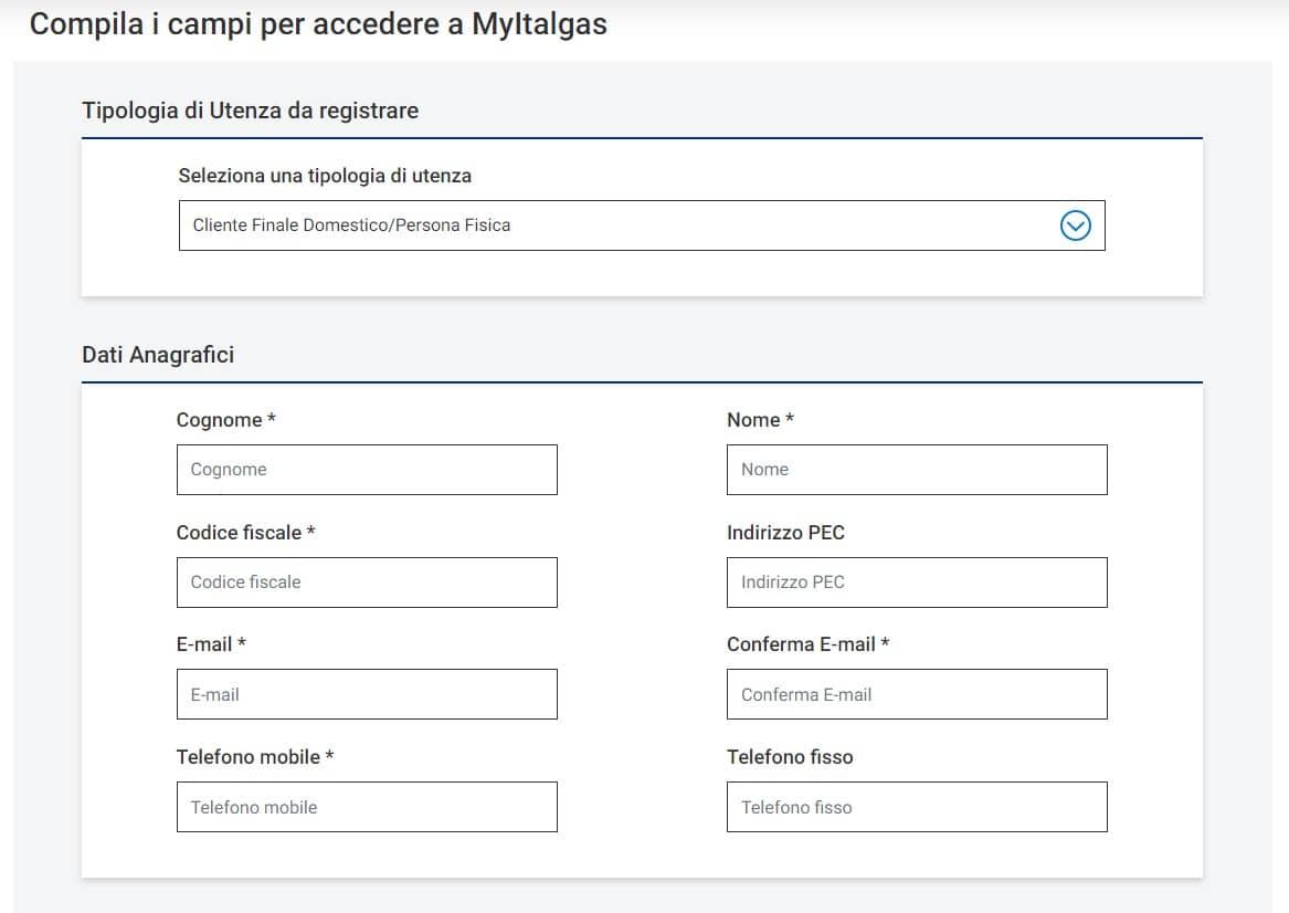 schermata di registrazione portale my italgas